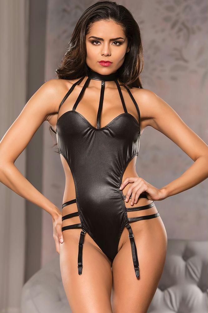 Black Strappy Wet Look Teddy in S-M