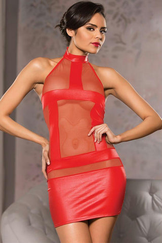 Red Mesh and Wet Look Halter Dress in S-M