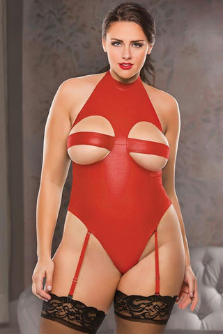 Red Peekaboo Wet Look Halter Teddy in OSXL