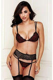 Red and Black Lace Bralette, Garter & Panty Set in S-M