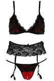 Red and Black Lace Bralette, Garter & Panty Set in M-L
