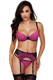 Magenta Floral Lace Bralette, Garter & Panty in M-L