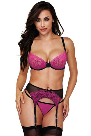 Magenta Floral Lace Bralette, Garter & Panty in M-L