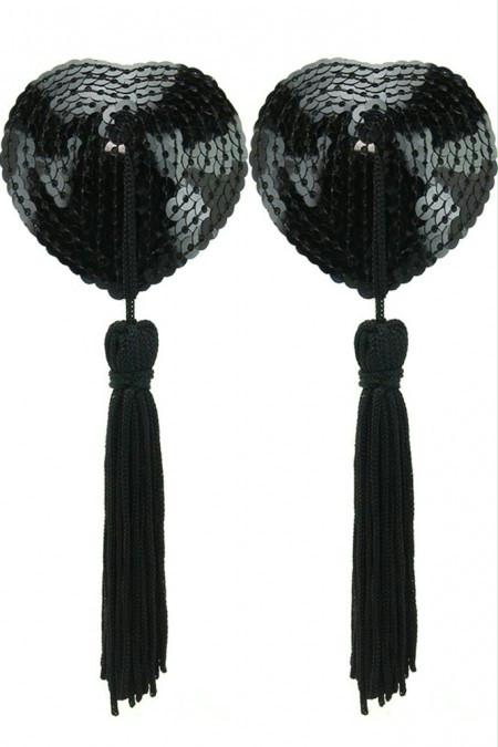 Sequined Heart Pasties With Tassels in Black