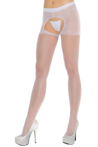 Sheer White Crotchless Pantyhose in OSXL