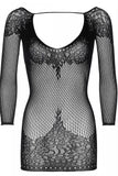 Long Sleeved Ring Net and Floral Lace Mini Dress in OS