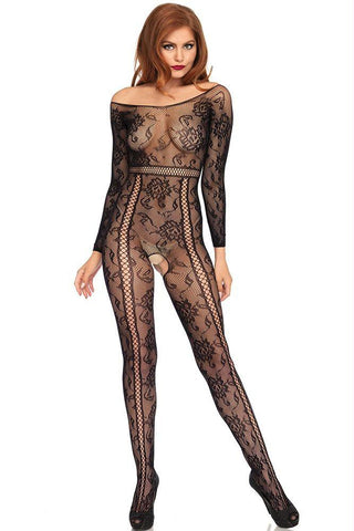 Black Lace Net Striped Bodystocking in OS