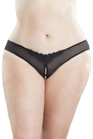 Black Crotchless Pearl Thong in 1X-2X