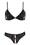 Lace Peek-a-Boo Bra & Thong Set Black in S-M