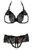 Lace Peek-a-Boo Bra & Panty Set Black in S-M