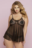 Floral Embroidered Black Mesh Babydoll in 1X-2X