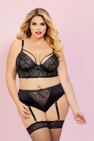 Black Lace and Microfiber Bralette Set in 1X-2X