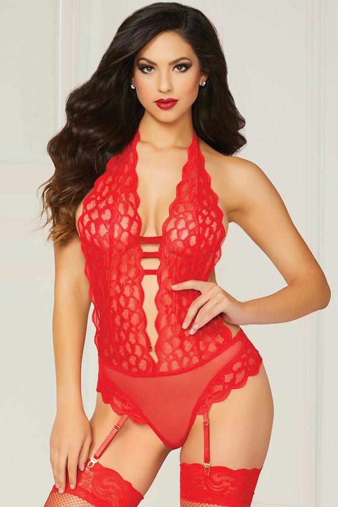 Cardinal Feather Galloon Lace Teddy in OS