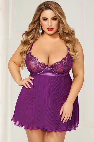 Violet Pleated Babydoll and Thong in 3X-4X